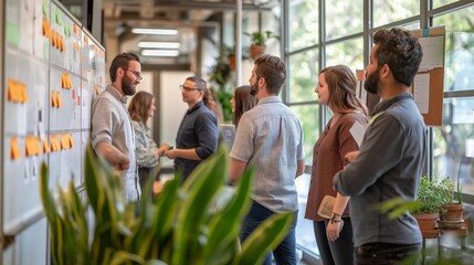 Inclusive startup team in open-plan office, standing meeting around kanban board, casual dress code, natural light from large windows, plants and modern decor