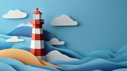 A lighthouse is on a beach with the ocean in the background © CYBERPINK