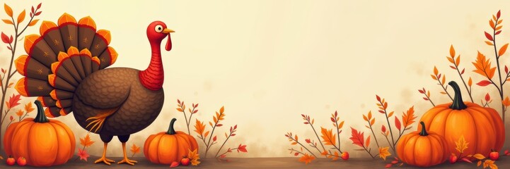 A cheerful cartoon turkey surrounded by pumpkins and autumn leaves, perfect for Thanksgiving themed projects, invitations, or seasonal decorations.