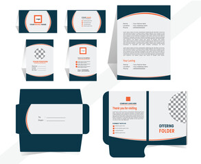 Top view stationery design mock up set for brand identity. Orange, White & Dark Blue color style and grey background. Realistic bundle with folder, letter, envelope, Id card and business card. 