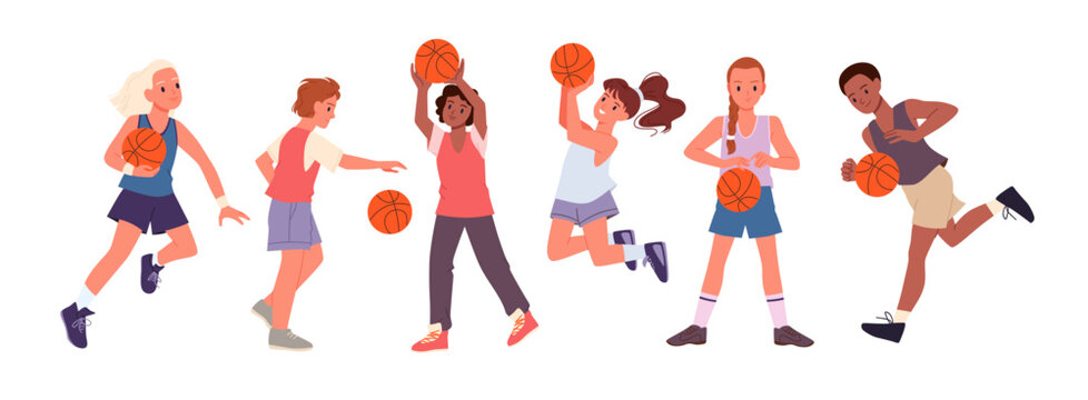 children athlete holding ball in hand to jump, run to basket, child playing in school team cartoon vector illustration set. Basketball player girl boy running and jumping, dribble ball down court