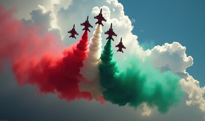 A breathtaking aerial display with five jets creating a vibrant trail of red, white, and green smoke against a blue sky, symbolizing national pride and celebration.