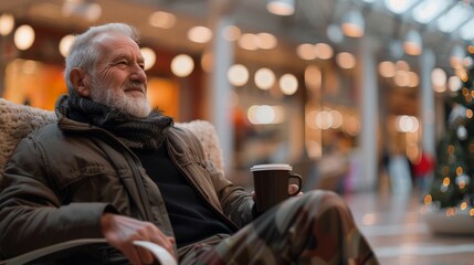 Obraz premium Senior man relaxing with a coffee in a mall after shopping