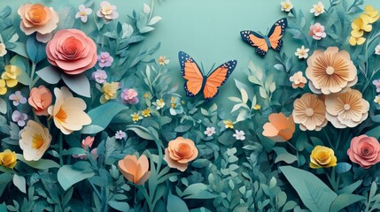 A colorful paper flower garden with two butterflies flying over it