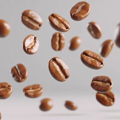 Obraz premium Roasted coffee beans in flight, isolated on a grey background. Coffee energy concept.