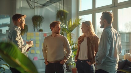 Inclusive startup team in open-plan office, standing meeting around kanban board, casual dress code, natural light from large windows, plants and modern decor