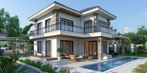 Fototapeta premium Modern Villa Exterior Design Illustration