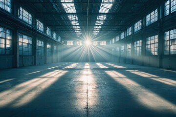 Obraz premium Sunlight Streaks Illuminating an Empty Industrial Space