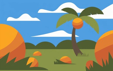 Palm tree summer scene. Palm tree in a field with orange fruit and clouds, a summer landscape.