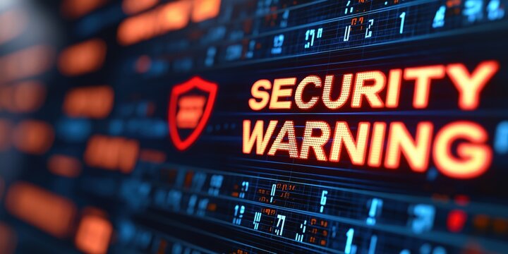 A security warning concept - the words "security warning " on a screen. Internet security and data protection theme