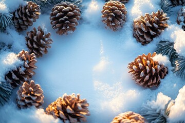Pine cones arranged in circle on snowy background with glowing lights. Festive winter composition. Natural elements with warm highlights. Holiday themed flat lay