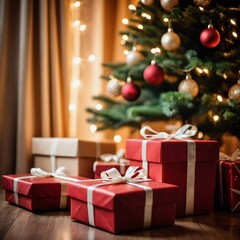 A cozy living room adorned with a festive Christmas tree, decorated with sparkling lights and colorful baubles, surrounded by a variety of thoughtfully wrapped gift boxes waiting to be opened. AI art