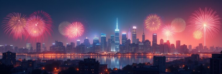 A vibrant skyline of a city illuminated by colorful fireworks, capturing the essence of celebration and urban energy, perfect for event promotions and festive themes.