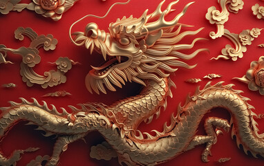 Obraz premium Beautiful golden Dragon illustration, Chinese new year poster background with dragon