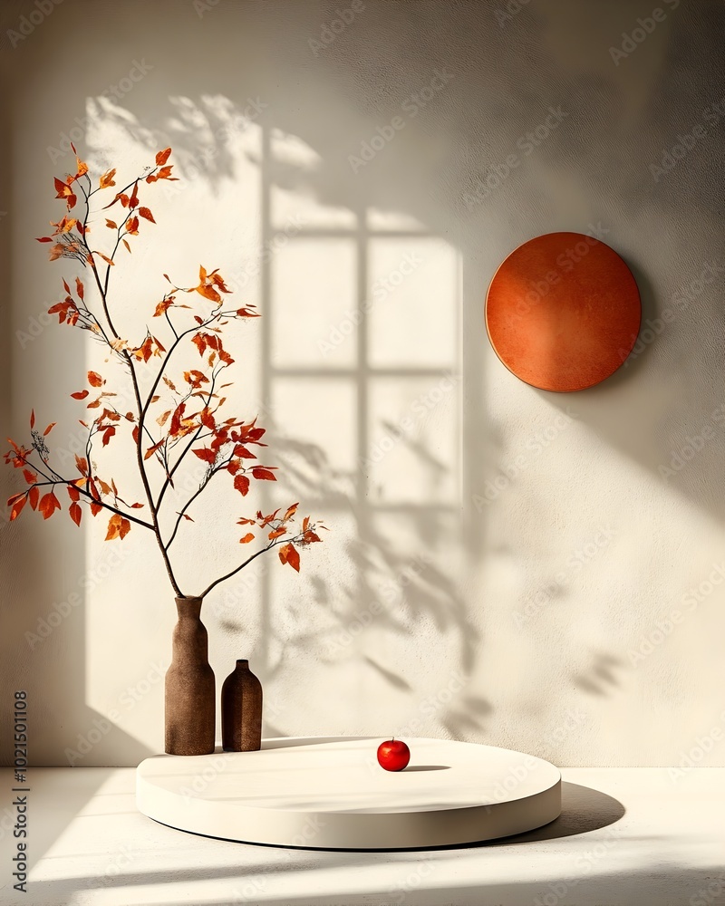 Poster bright 3d studio space with a plain white floor and walls a central product platform and directional
