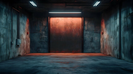 Rusty Metal Doorway in Dark Concrete Room with Neon Lights - 3D Illustration