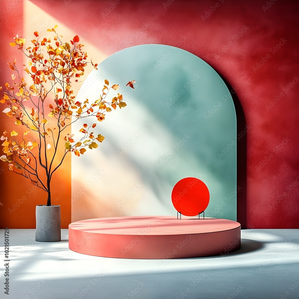 Poster sleek and modern 3d studio space with maroon accents and clean empty product display podium soft nat