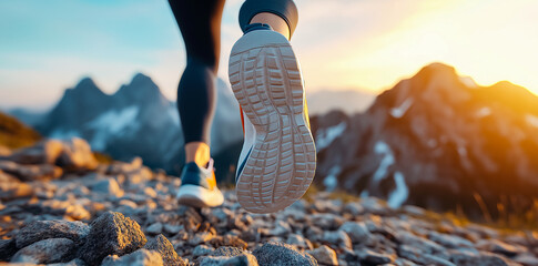 close up view of womans foot in running shoes as she jogs on rocky terrain, surrounded by stunning mountain scenery at sunset. image captures essence of outdoor fitness and adventure