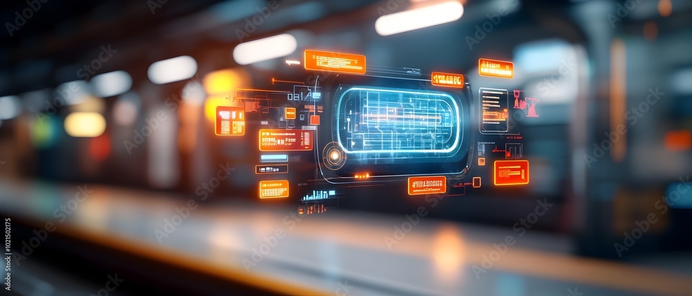 Poster holographic subway map projection hovering above a futuristic station platform displaying real time 