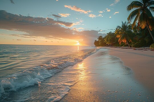 tranquil sunrise secluded beach gentle waves lapping shore sunset sea palm swaying trees free