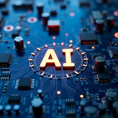 Glowing AI chip and thin circuits on tech background futuristic semiconductor tech onboard