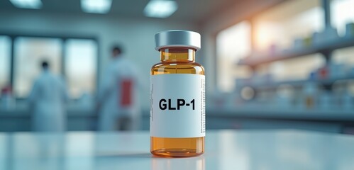 A close up of a GLP 1 vial on a laboratory countertop, ideal for showcasing pharmaceutical research and development in the healthcare industry.