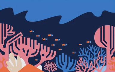 Underwater coral reef scene. Colorful coral reef with blue and orange fish. Perfect for illustrating ocean life, ecology, and marine conservation.