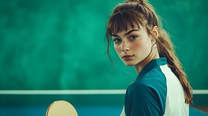Teal and White Clad Table Tennis Player in Ready Stance Against Vibrant Green Backdrop