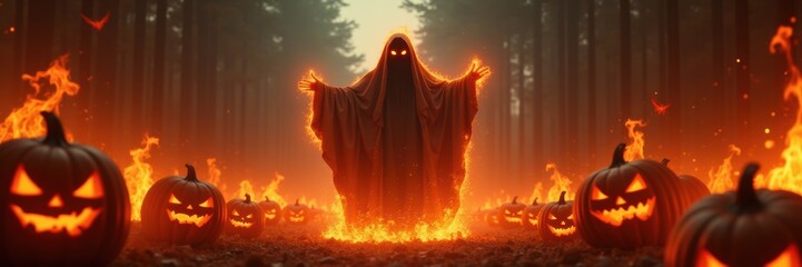 A chilling Halloween scene featuring a ghostly figure amidst glowing pumpkins in a dark forest, perfect for seasonal marketing and spooky themed projects.