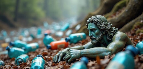 Fototapeta premium A poignant statue of a man amidst a forest littered with plastic bottles, highlighting the impact of pollution on nature. Perfect for environmental awareness campaigns.