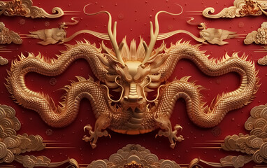 Beautiful golden Dragon illustration, Chinese new year poster background with dragon