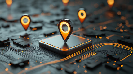 3D location icon with orange glow stands out on dark, circuit like map, symbolizing navigation and connectivity in digital world
