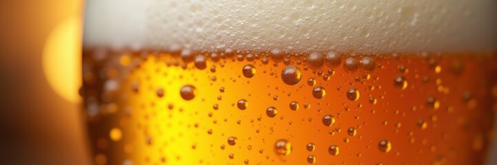 Close up of a frothy beer, showcasing bubbles and golden hue. Perfect for food, beverage advertising, and bar promotions.