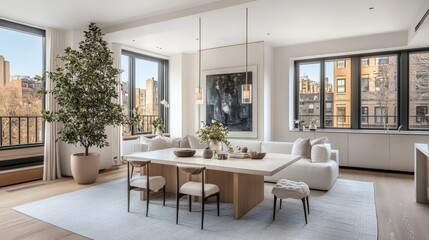 Modern, Minimalist Living Room Interior with Large Windows and City View, Open Plan Design