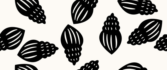 Vector flat illustration. Seamless sea shells. In cartoon style. Cute print in holiday concept. Ideal for gift wrapping, posters, covers, screensavers, textile decor, etc.