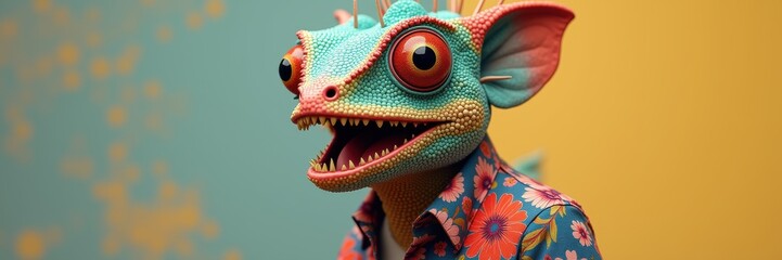 A whimsical character featuring a colorful chameleon head, blending surreal art with fashion elements, perfect for creative projects, advertising, and entertainment.