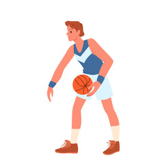 Basketball player spinning orange ball on finger. Young male athlete in sports uniform and sneakers standing to spin and twirl ball in balance with professional skill cartoon vector illustration