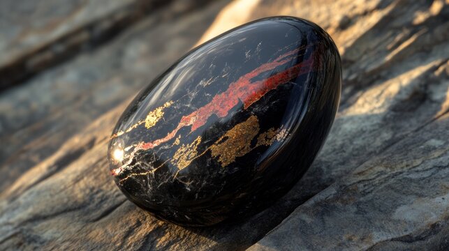 A black stone with red streaks on it