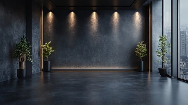 Modern photo studio with dark background, professional lighting, and sleek flooring, High-end photography environment, Generative Ai