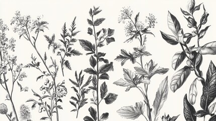 A black and white drawing of various plants and flowers