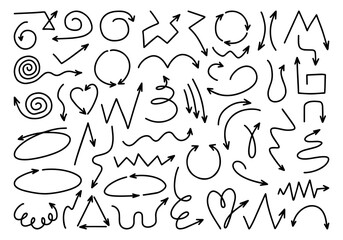 Hand drawn arrows set. Doodle arrow elements. Arrows to create stylish trendy design or decor, direction indication. Vector illustrations isolated on white background. Hand-drawn simple black arrows