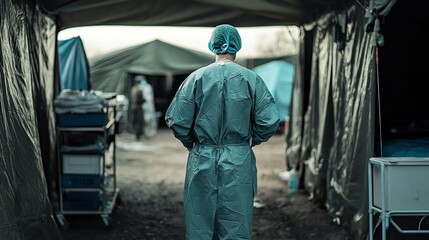 Medical worker in protective gear, tent setup