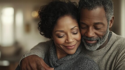Obraz premium Eternal Love: Mature Couple Embracing in Cozy Home - High-Quality Product Photography with National Geographic Aesthetic