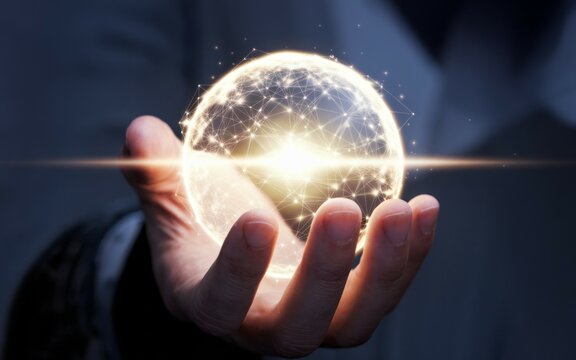Hand holding glowing orb. A hand holding a glowing orb, representing connectivity, innovation, and potential.