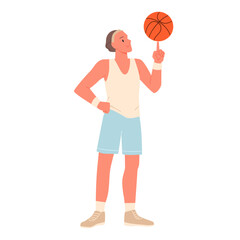 Basketball player spinning orange ball on finger. Young male athlete in sports uniform and sneakers standing to spin and twirl ball in balance with professional skill cartoon vector illustration