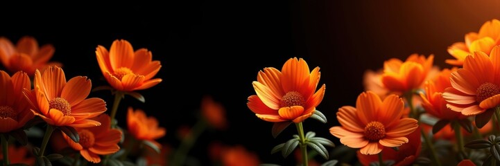 Fototapeta premium Vibrant orange flowers bloom against a dark backdrop, showcasing nature's beauty and elegance, ideal for use in design, advertising, or floral arrangements.