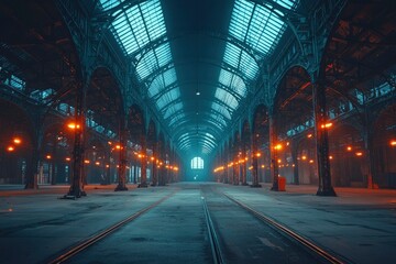 Empty Industrial Building with Glass Roof and Train Tracks