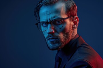 Fototapeta premium Confident businessman in glasses and suit portrait with red lighting.