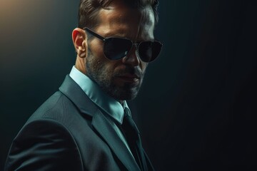 Fototapeta premium Modern businessmen in stylish suits and sunglasses on dark background.