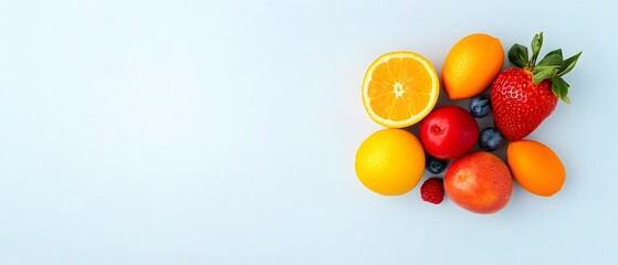 Assortment of Fresh Nutritious Fruits on a Light Background with Copy Space